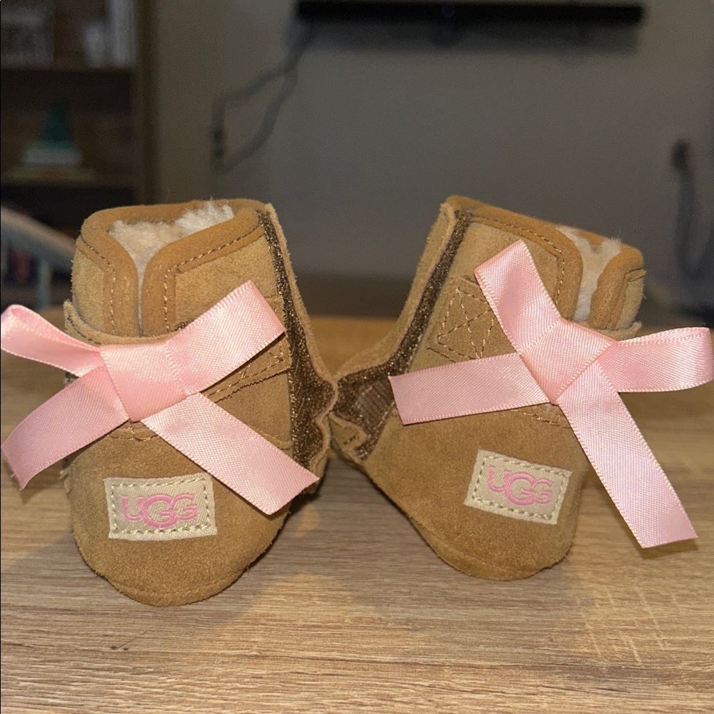 UGG Tan Baby Booties with Pink Bows